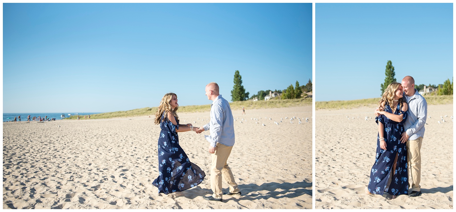 Holland couple beach and woods engagement session at Riley Trails and Lake Michigan