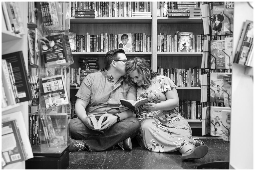 bookstore engagement photo