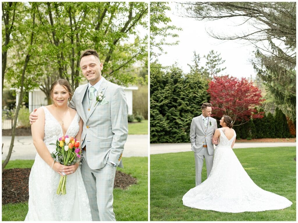 bride and groom, Saugatuck Michigan, spring wedding, tulip bouquet, wedding photos, ivy house venue