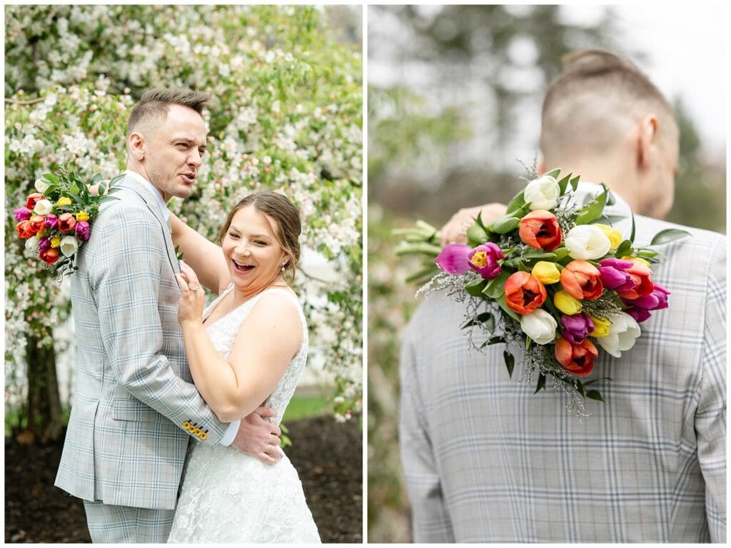 bride and groom, Saugatuck Michigan, spring wedding, tulip bouquet, wedding photos, ivy house venue