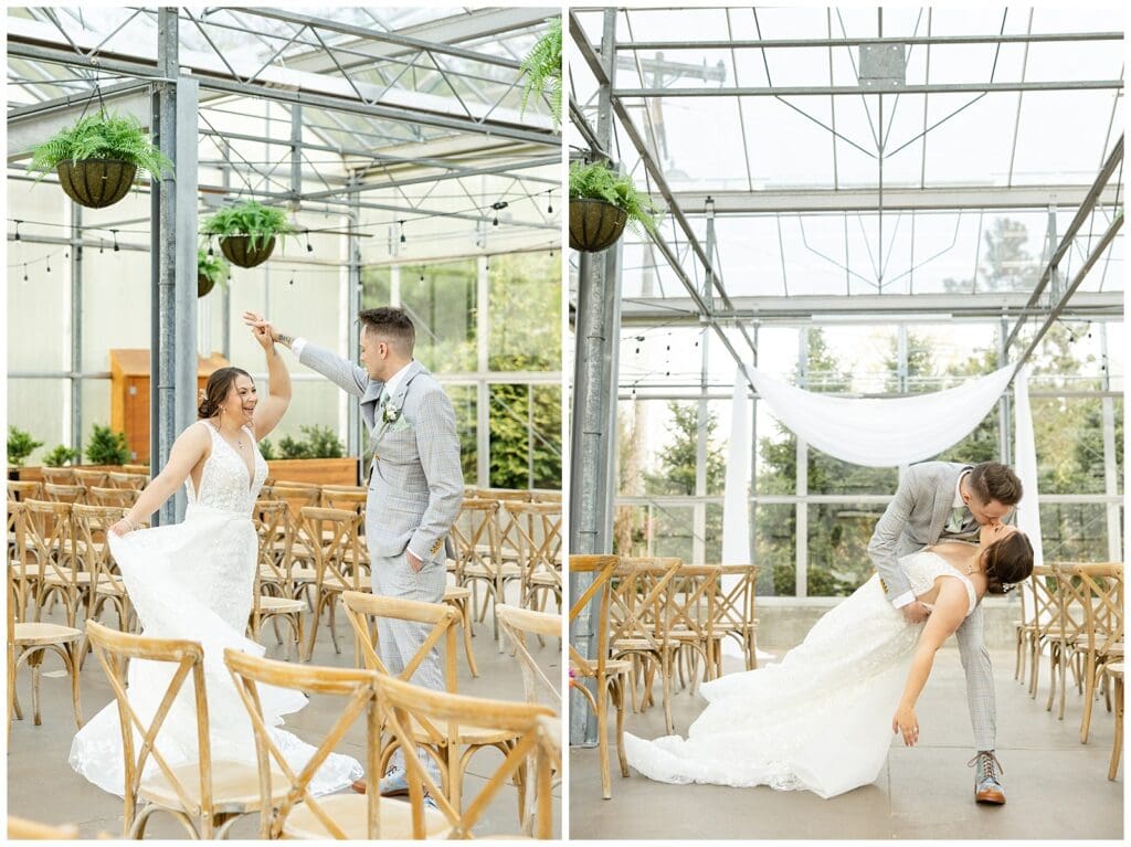 bride and groom, Saugatuck Michigan, spring wedding, tulip bouquet, wedding photos, ivy house venue, green house