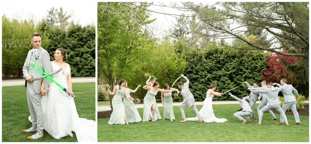 bride and groom, Saugatuck Michigan, spring wedding, tulip bouquet, wedding photos, ivy house venue, may the 4th, star wars, wedding party