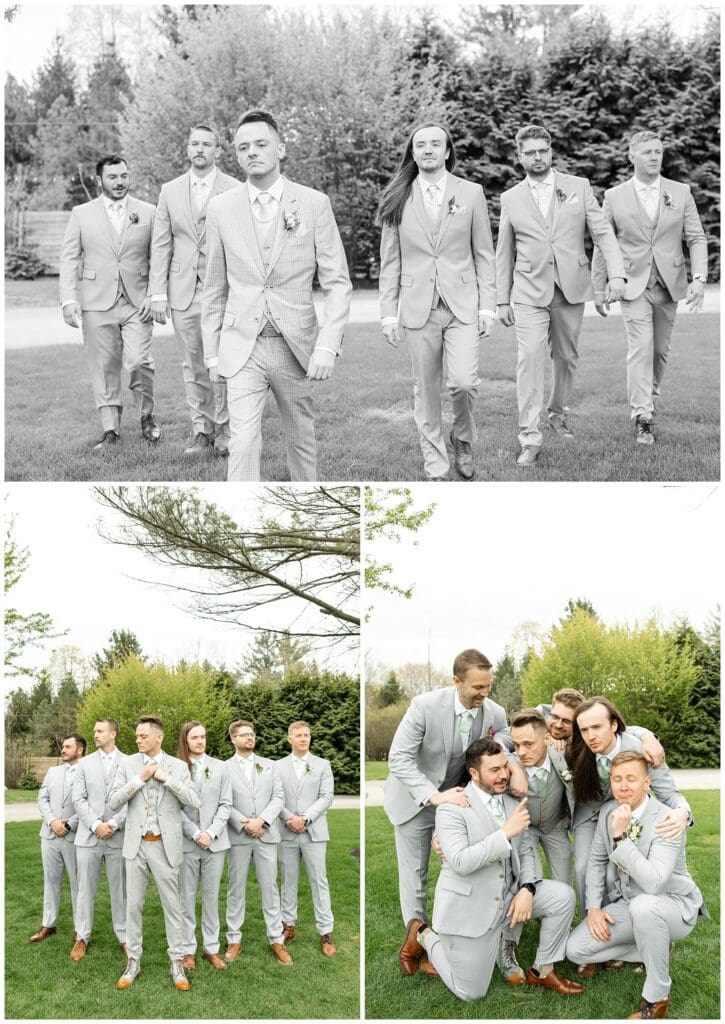 bride and groom, Saugatuck Michigan, spring wedding, tulip bouquet, wedding photos, ivy house venue, wedding party, groomsmen