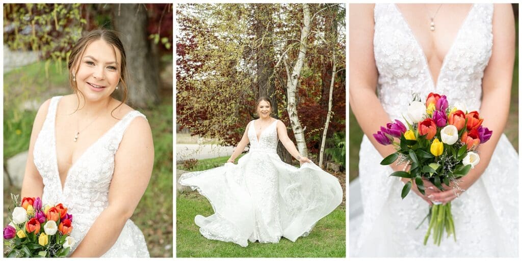 bride and groom, Saugatuck Michigan, spring wedding, tulip bouquet, wedding photos, ivy house venue, green house