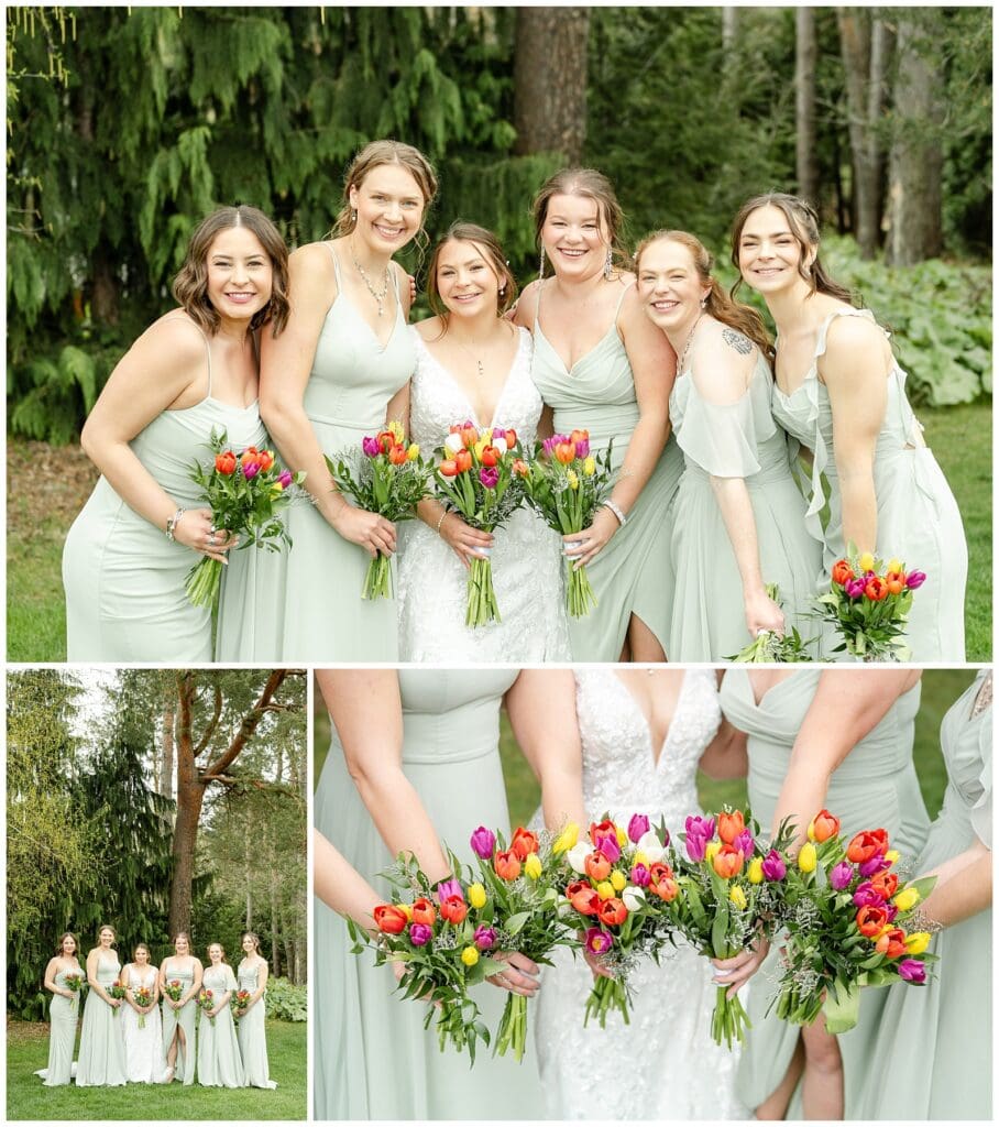 bride and groom, Saugatuck Michigan, spring wedding, tulip bouquet, wedding photos, ivy house venue, wedding party, bridesmaids
